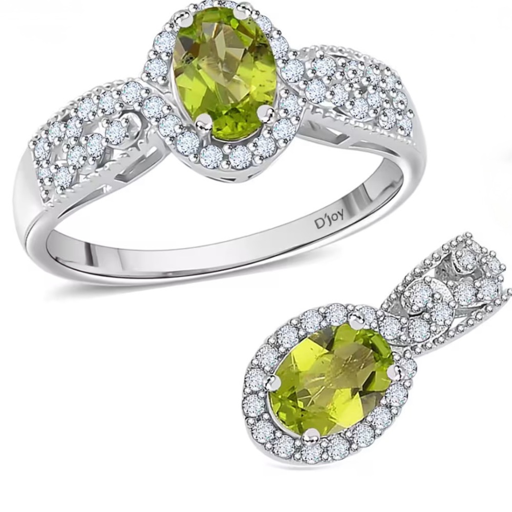 Peridot And White Zircon Pendant And Matching Ring In Sterling Silver
